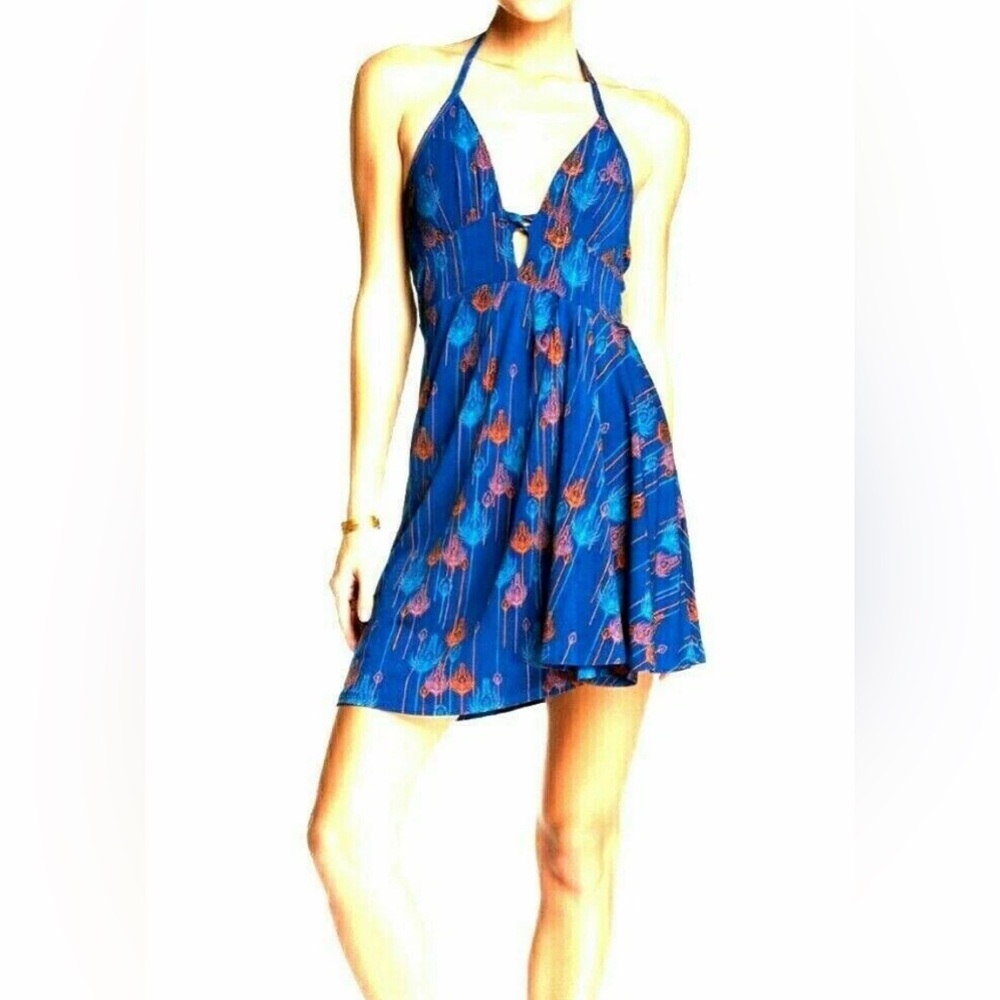 Free People Tropical Daydream Halter Mini Dress Blue Asymmetrical XS - Picture 1 of 9